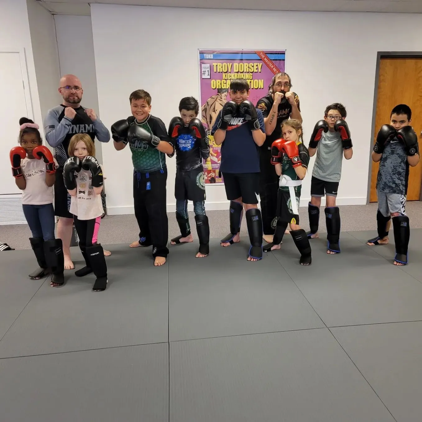 Kids Kickboxing class in gloves and shin guards at Dynamic Martial Arts in Wichita Falls, TX